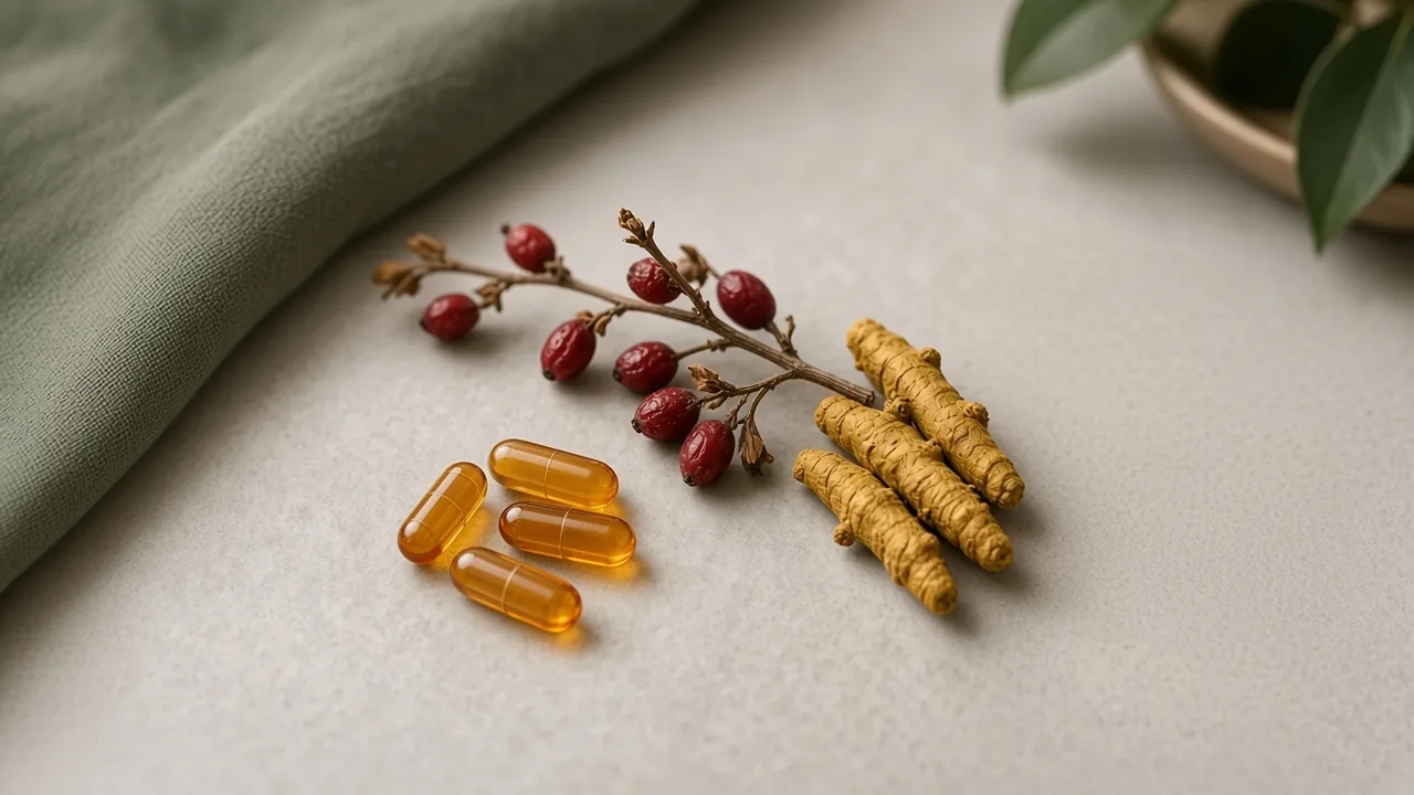 Amber capsules beside barberry and golden botanical roots