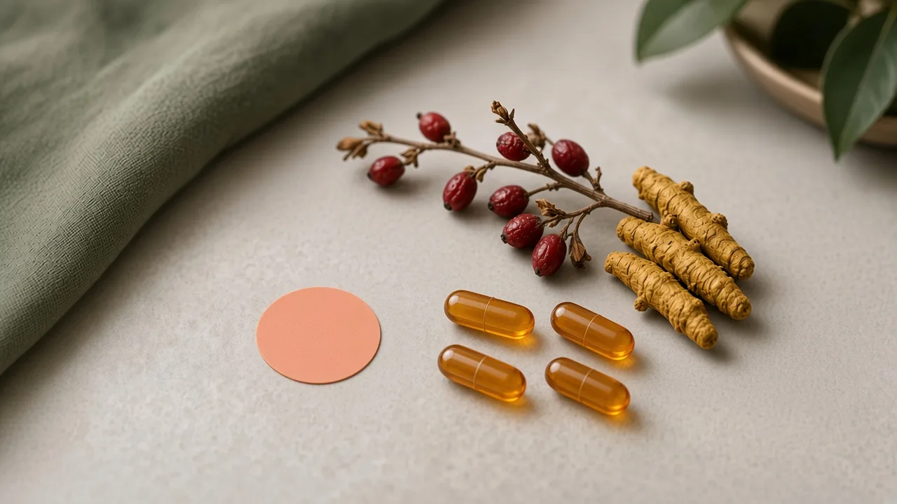 A peach berberine patch beside amber capsules, barberry, and golden roots